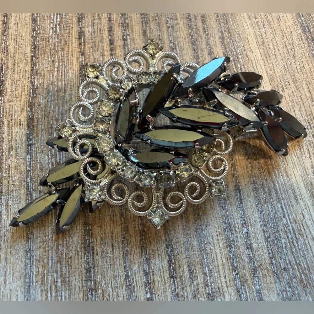Smokey Black Rhinestone Brooch and Earring Set